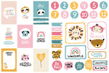 Tropical Birthday collection. Card numbers, posters and template frames. Cute face of an animal with lettering for nursery in a Scandinavian style. Vector cartoon illustration in pastel colors