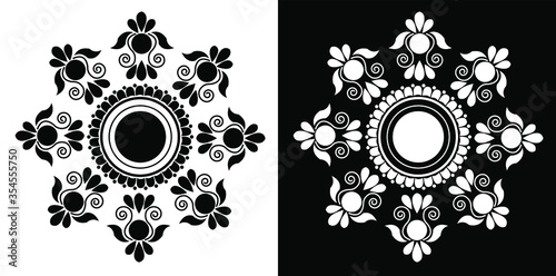 Beautiful Indian traditional and cultural Rangoli mandala design concept of floral art isolated on black and white background