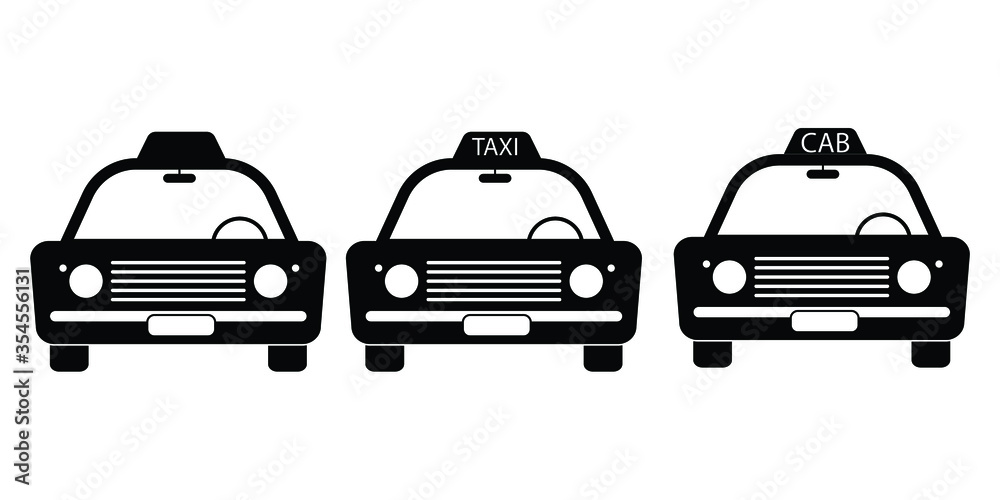 Taxi Cab Vintage Front View Set. Three taxi cab car automobile black and white illustration. EPS Vector
