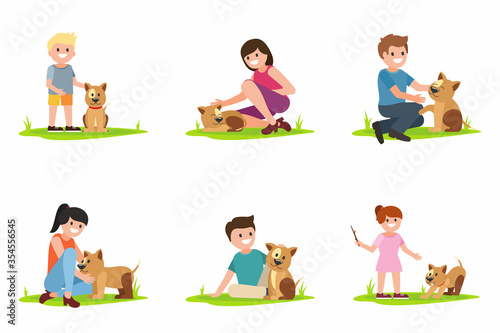 Dog and human illustration in flat style. Cartoon characters in different poses walking with dogs. Domestic animals care concept. Isolated. Vector.