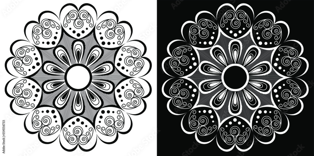 Beautiful Indian traditional and cultural Rangoli mandala design concept of floral art isolated on black and white background Beautiful Indian traditional and cultural Rangoli mandala design concept of floral art isolated on black and white background