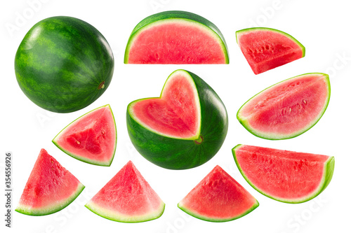 Watermelon, a fruit of Citrullus lanatus, whole, cut, slices and pieces, isolated w clipping paths