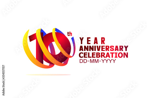 10 year anniversary Red and Yellow-Orange-Blue Ribbon. Isolated graphic anniversary for banner, greeting card - vector