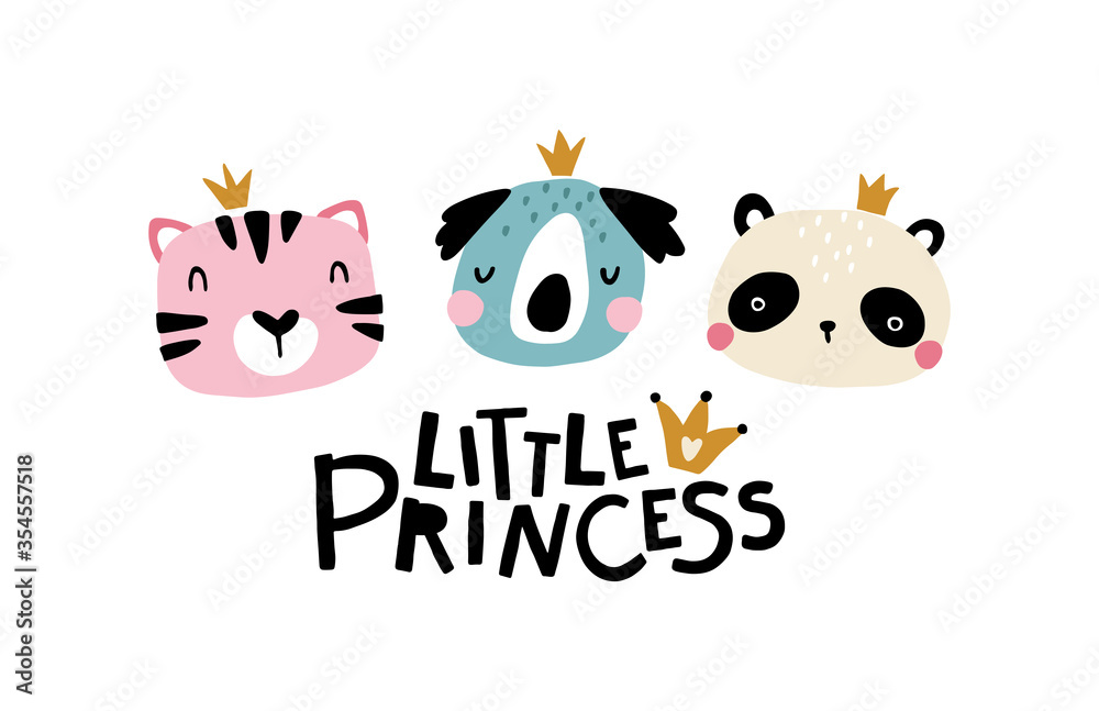 Fototapeta premium Little princess tiger, koala and panda. Cute face of an animal with lettering. Childish Greeting card for nursery in a Scandinavian style. For party. Vector cartoon illustration in pastel colors.