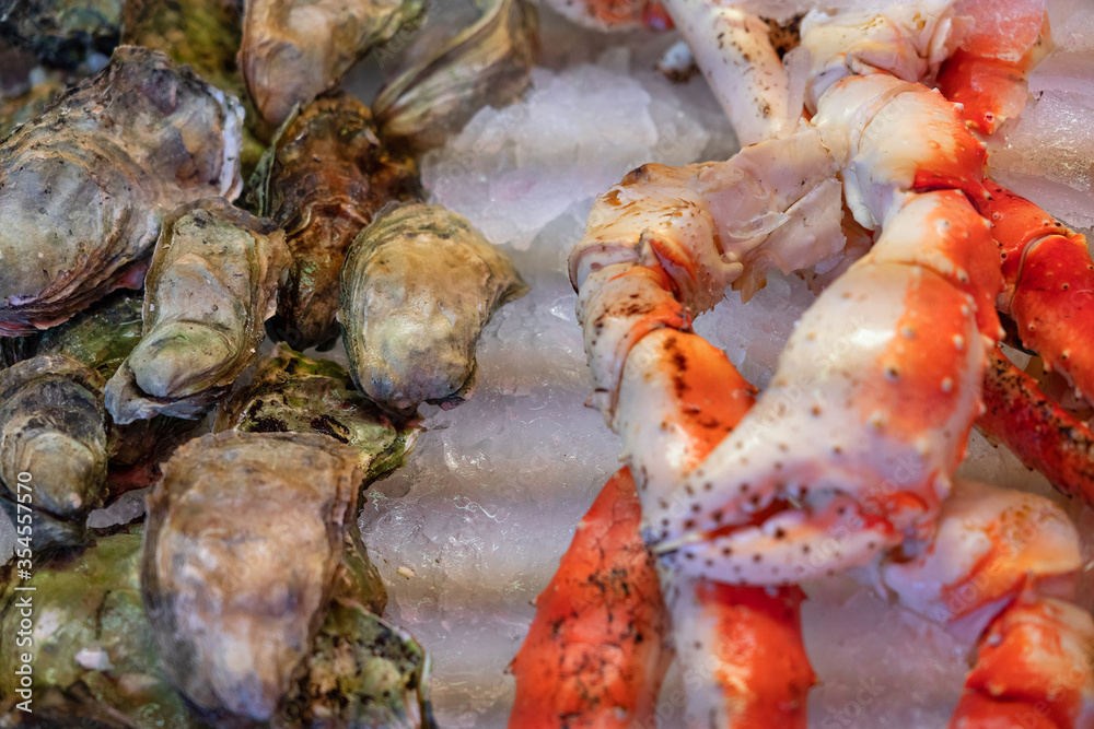 Crab legs on the ice and sea shells, seafood fresh mix Crab legs on the ice and sea shells, seafood fresh mix