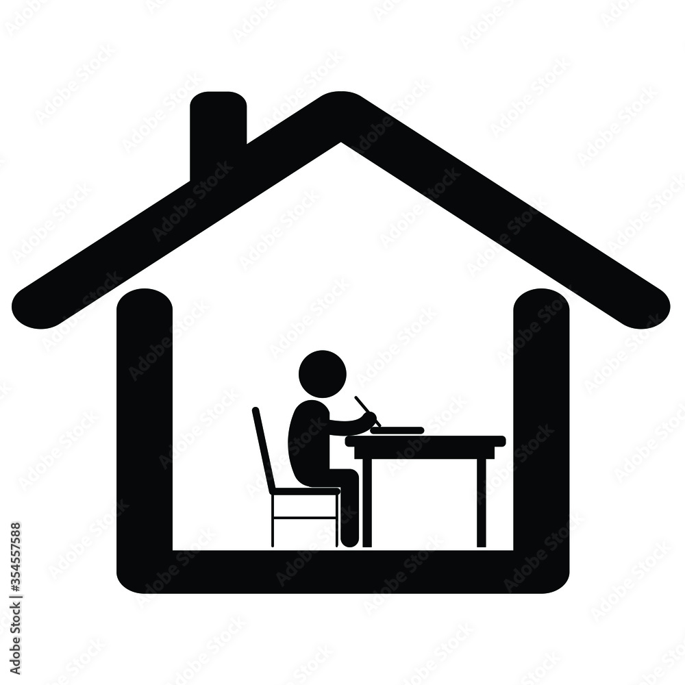 Study work from home. Pictogram depicting student boy studying writing at home. Lock down due to Covid-19 pandemic. Black and white EPS Vector Study work from home. Pictogram depicting student boy studying writing at home. Lock down due to Covid-19 pandemic. Black and white EPS Vector