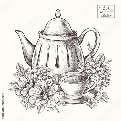 Teapot and cup with flowers. Tea time. Coffee. Vector Hand Drawn. Sketch Botanical Illustration. 