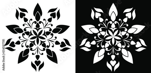 Beautiful Indian traditional and cultural Rangoli mandala design concept of floral art isolated on black and white background
