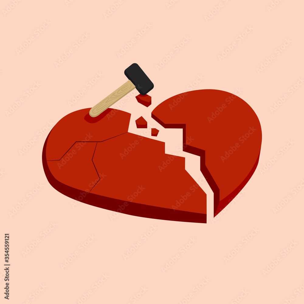 broken heart shape with a hammer. heartbreak concept. vector