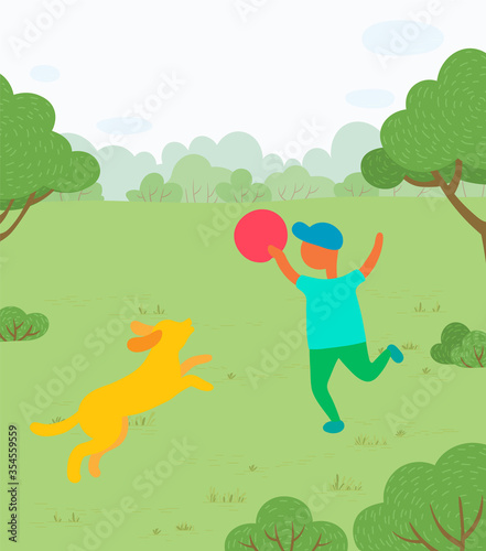 Boy plays with dog in park, throwing frisbee vector. Outdoor activity, kid having fun outside on meadow among trees and bushes, pet and owner on grass