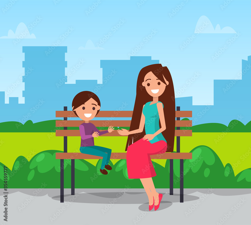 Woman with child in park vector, people spending time outdoors. Mother and son on bench, cityscape and greenery of nature, female character smiling Woman with child in park vector, people spending time outdoors. Mother and son on bench, cityscape and greenery of nature, female character smiling