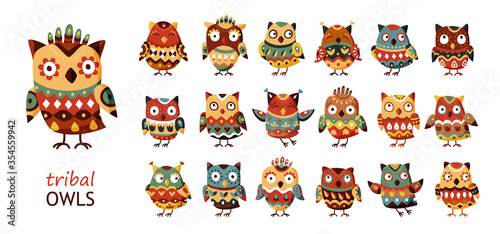 Set of folk indian owl. Collection of tribal owls on white background. Cute animal characters for graphic design logo or decoration. Vector illustration in cartoon style