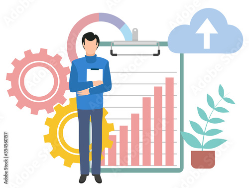 Man holding papers documents vector, businessman with clipboard and chart. Cogwheel and cloud with arrow up, plant decor of workplace of workers flat style
