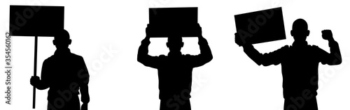 Set of man holding a sign. Protestors strike, poster and symbol, lettering, black sign. Silhouette vector in flat design. Poster in the hand strike concept.