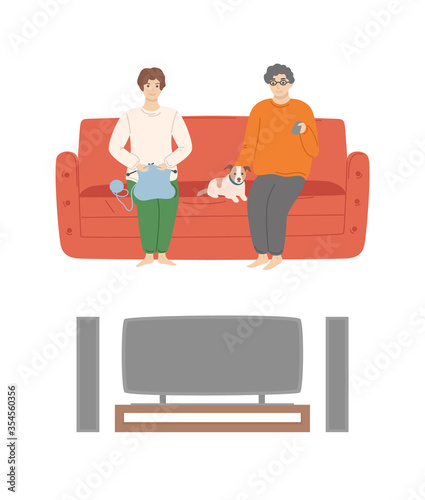 People at home relaxing evening from work vector, man and woman watching tv set looking at plasma, male sitting with