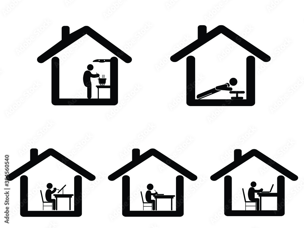 Things to do at home during covid-19 lock down stay at home quarantine. Pictogram depicting various actives to do at home. Cook work paint draw study read exercise workout. Black and white eps icon ve Things to do at home during covid-19 lock down stay at home quarantine. Pictogram depicting various actives to do at home. Cook work paint draw study read exercise workout. Black and white eps icon ve