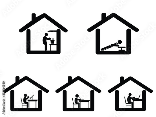 Things to do at home during covid-19 lock down stay at home quarantine. Pictogram depicting various actives to do at home. Cook work paint draw study read exercise workout. Black and white eps icon ve
