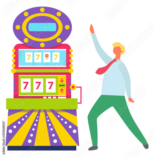 Happy gambler dancing man vector, isolated person standing by slot machine with numbers 777. Lucky sevens, gambling games and victory money gaining