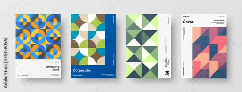 Company identity brochure template collection. Business presentation vector A4 vertical orientation front page mock up set. Corporate report cover abstract geometric illustration design layout bundle.