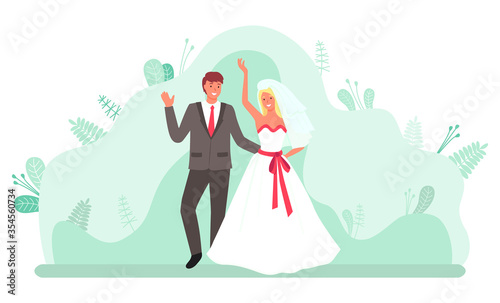 Dancing bride and groom on wedding ceremony vector. Man and woman in bridal dress, boyfriend and girlfriend in relationship, celebration of being newlyweds. Foliage and greenery on background