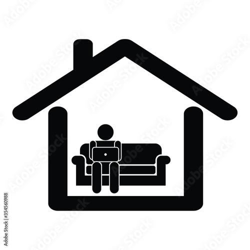 Work from home. Pictogram depicting man working from home sitting on sofa couch using laptop computer. Black and white eps vector