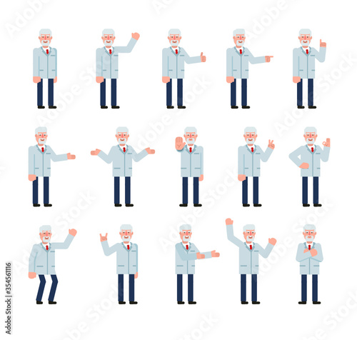 Set of old professor characters showing various hand gestures. Cheerful doctor pointing, greeting, showing stop hand and other gestures. Minimal design vector illustration