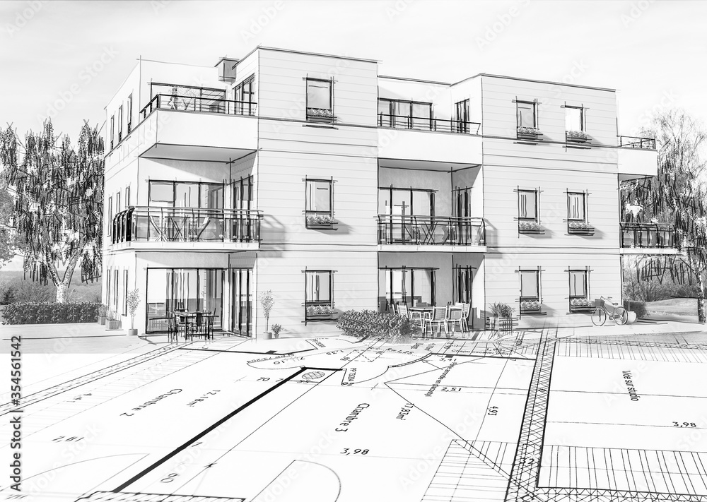 Concept 3D d'un petit immeuble résidence moderne avec balcon et jardin