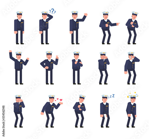 Set of airline pilot characters showing various emotions. Pilot laughing, angry, tired, thinking, sleeping and showing other expressions. Minimal design vector illustration © paper_owl