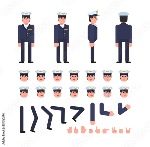 Airline pilot character creation kit. Create your own pose, action, animation. Minimal design vector illustration