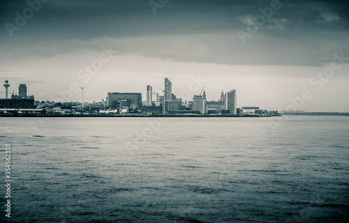 Fotografie Liverpool skyline split toned black and white taken from Wallasey