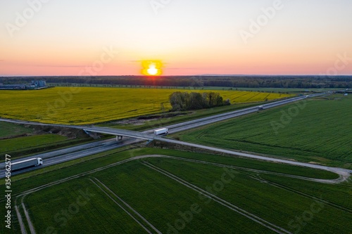 Drone view on highway in Gliwice during sunset