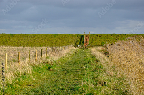 Wooden fence designates pathway across a nature reserve in Lincolnshire Fens towards steps over the sea wall into gathering clouds
