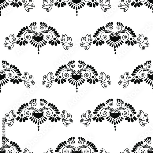 Indian alpona design concept of flowers, petals and spirals isolated on white background is in Seamless pattern