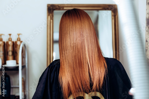 Back view of Redhead girl with long and straight brown hair . Shiny smooth hair. copypast