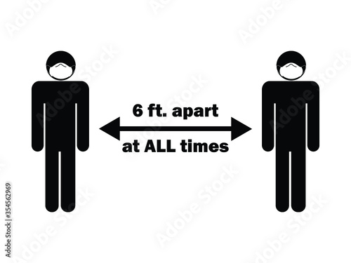 6 ft. Apart at ALL Times Stick Figure With Mask. Illustration arrow depicting social distancing guidelines and rules during covid-19. EPS Vector