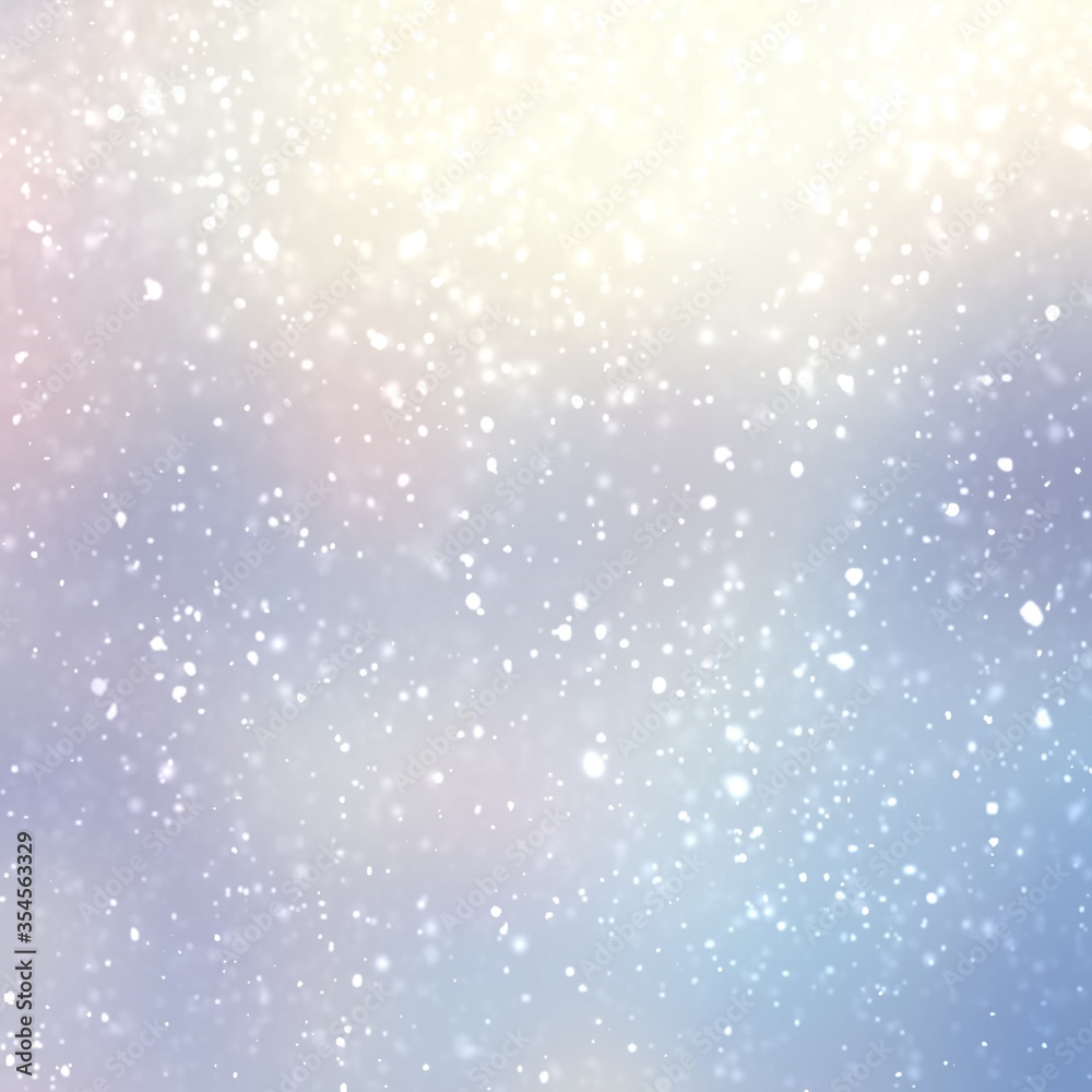 Light winter nature defocus background decorated falling snow. Delicate shiny holidays outdoor illustration.