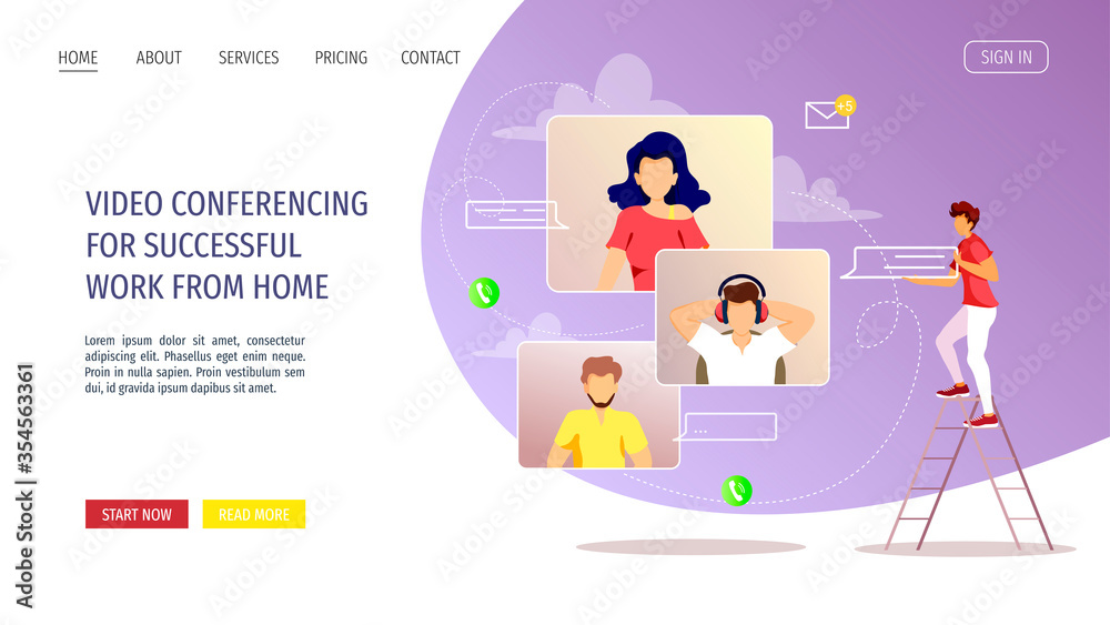 Website for Video conferencing, Online meeting, Work at home, Distance learning, communication. Group of people talking by internet. Vector illustration for poster, banner, advertising, flyer.