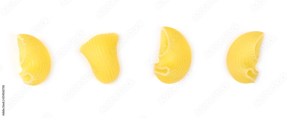 Pasta lumaconi rigati set and collection isolated on white background, top view Pasta lumaconi rigati set and collection isolated on white background, top view