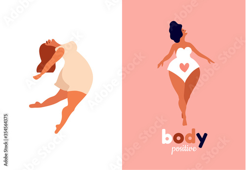 Happy women. Body positive vertical cards. Love yourself, your body lettering type. Female freedom, girl power or international women's day vector illustration.
