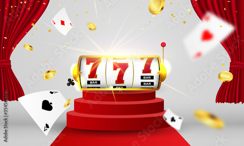 Online casino. Smartphone or mobile phone, slot machine, casino chips flying realistic tokens for gambling, cash for roulette or poker,