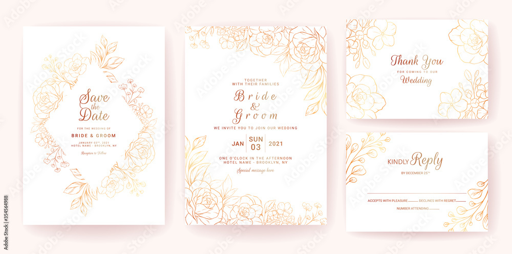 Wedding invitation card template set with gold floral frame and border. Line-art flowers composition for save the date, greeting, rsvp, and thank you design Wedding invitation card template set with gold floral frame and border. Line-art flowers composition for save the date, greeting, rsvp, and thank you design