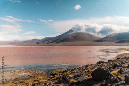 Red Lake mountain landscape, Bolivia. Beautiful coloured water, with mountains background, and unique scenic view. Flamingos in the lake. Shot in Uyuni, Salar de Uyuni, South America.