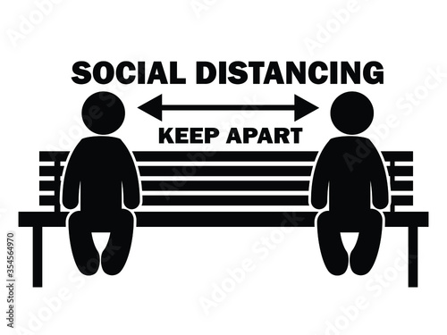 Social Distancing Keep Apart Stick Figure on Bench. Illustration arrow depicting social distancing guidelines and rules during covid-19. EPS Vector