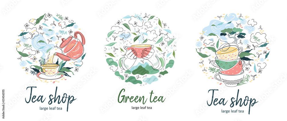 . Tea Card Design. One line drawing. Continuous line. Circular composition.Vector set. . Tea Card Design. One line drawing. Continuous line. Circular composition.Vector set.