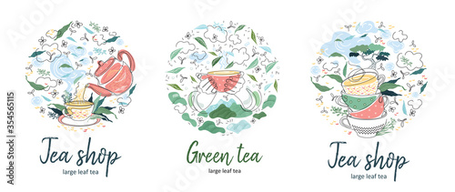 . Tea Card Design. One line drawing. Continuous line. Circular composition.Vector set.