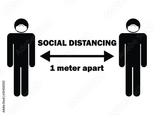 Social Distancing 1 Meter Apart Stick Figure with Mask. Illustration arrow depicting social distancing guidelines and rules during covid-19. EPS Vector