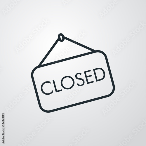 Icono plano lineal letrero colgar con palabra CLOSED en fondo gris