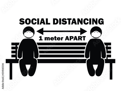 Social Distancing 1 Meter Apart Stick Figure with Mask on Bench. Illustration arrow depicting social distancing guidelines and rules during covid-19. EPS Vector