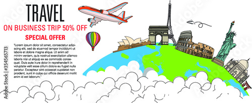 Travel around the World and landmarks on the globe. Concept website template