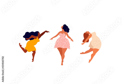 Happy women. Body positive vertical cards. Love yourself, your body lettering type. Female freedom, girl power or international women's day vector illustration.